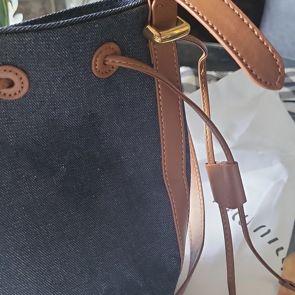 Designer  Same  Denim Bucket Bag with Brown Strap Dust Cover Unbraided